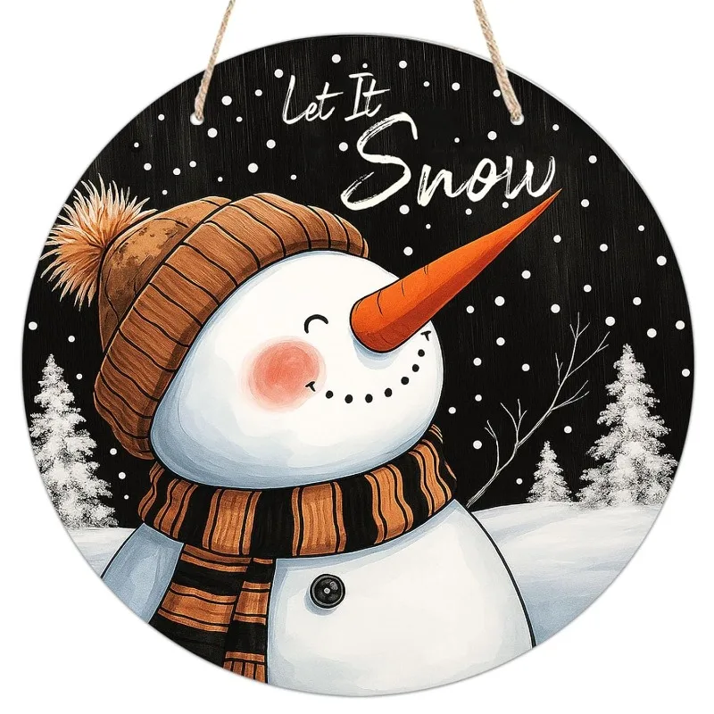 Let It Snow Snowman Round Wooden Hanging Sign - Winter Wall Decor with Snowman & Let It Snow Phrase - Artificial Wood 8×8