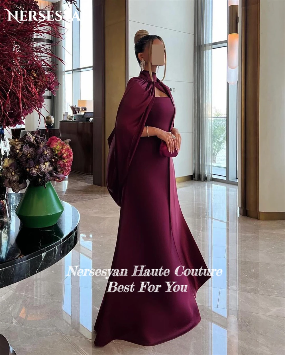 Nersesyan Burgundy Solid Formal Evening Dresses High Neck A-Line Prom Dresses فساتين للمناسبات الرسمية Celebrity Party Gowns