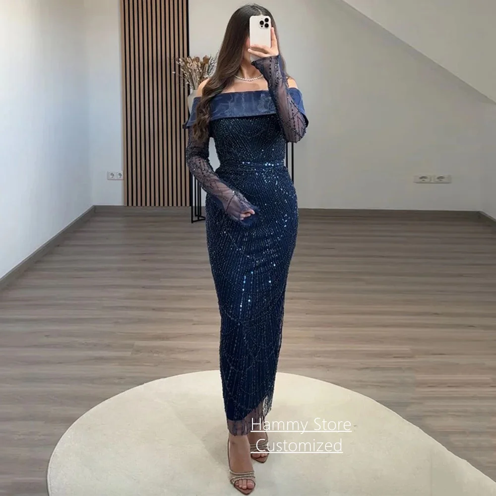 

Темно-синее платье для выпускного вечера по индивидуальному заказу с вырезом лодочкой и длинными рукавами, жемчугом и блестками, кружевное платье-футляр, арабское вечернее платье для женщин до щиколотки