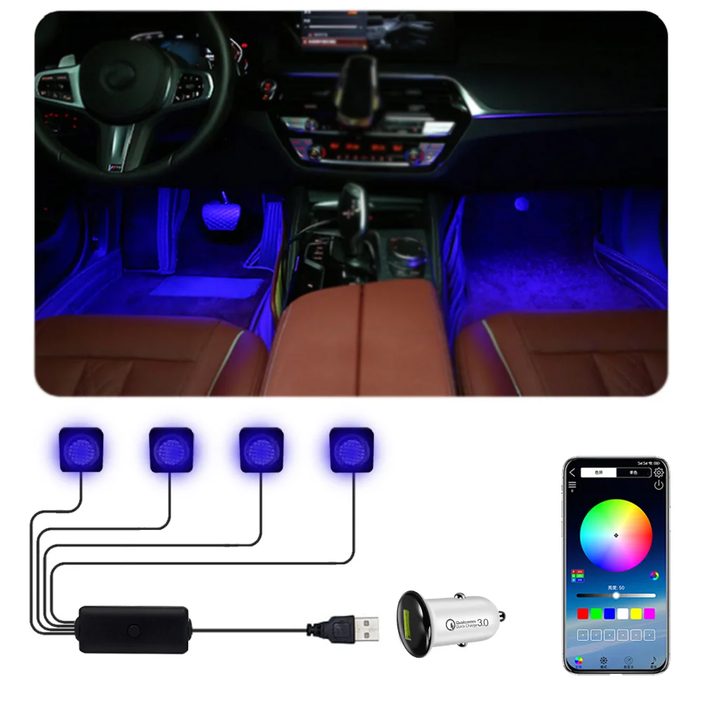 

RGB Full-color Foot Light Small Volume APP Color Adjustment USB Cigarette Lighter Power Supply 12V/24V Surface Installation