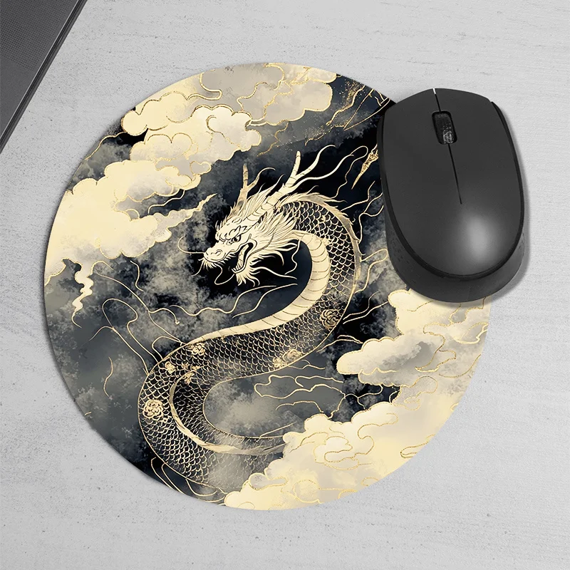 

Circular mousepad with golden dragon cloud features a dark background design and a durable, waterproof and anti-slip rubber base
