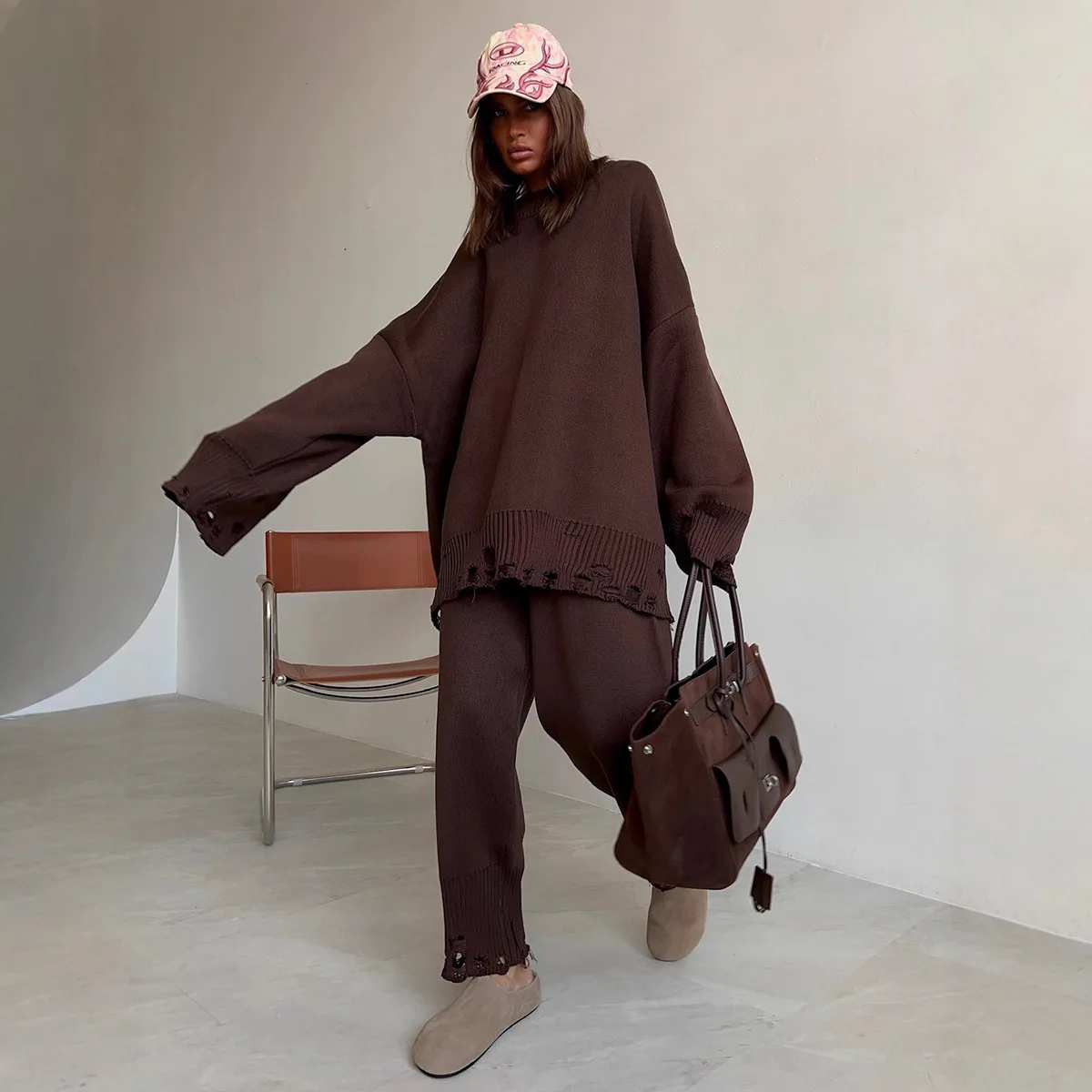 Zwei Stück Hose Sets Frauen Warme Pullover O Neck Löcher Lose Solide Strick Lange Hosen Casual Anzug Dame Sportliche Herbst Winter 2025