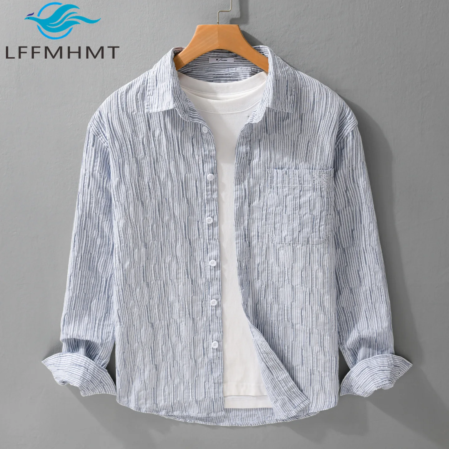 

Men's Classic Striped Simple Long-sleeve Shirt Spring Autumn Fashion Fresh Casual Loose Versatile Embroidered Men's Blouse 8003