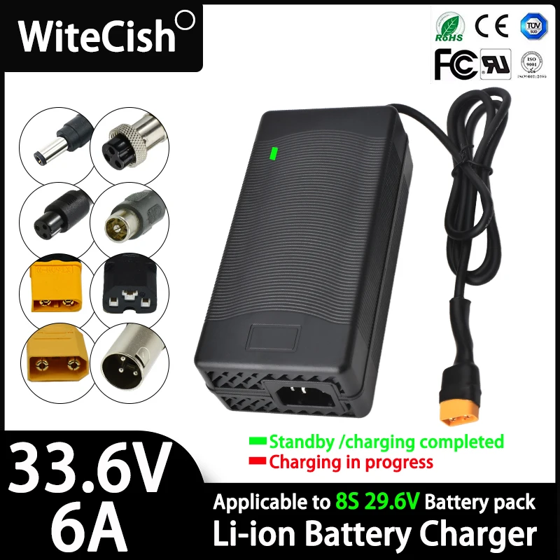

33.6V 6A Li-ion Battery Charger For 8S 28.8V 29.6V Lithium Battery Pack charger Built-in intelligent cooling fan DC Connector