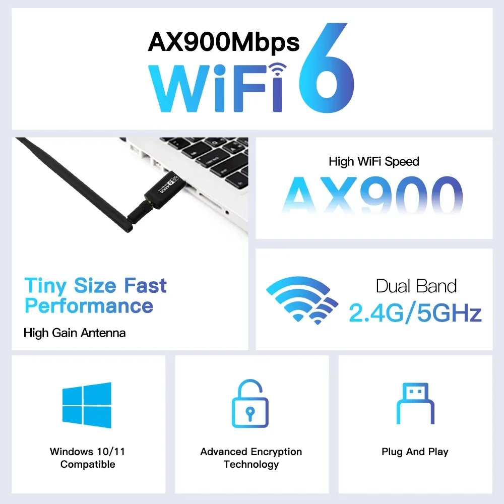 WiFi 6 AX900 USB Adapter Dual band 2.4G&5Ghz 5dbi Antenna USB Dongle WiFi Wireless Receiver Driver Free 900Mbps For Win 10/11