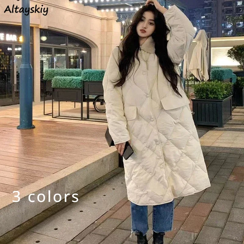 Long Sleeve Parkas Women Winter Plus Velvet Thicker Padded Argyle Keep Warm Coats Streetwear Korean Style Ulzzang Snow Wear