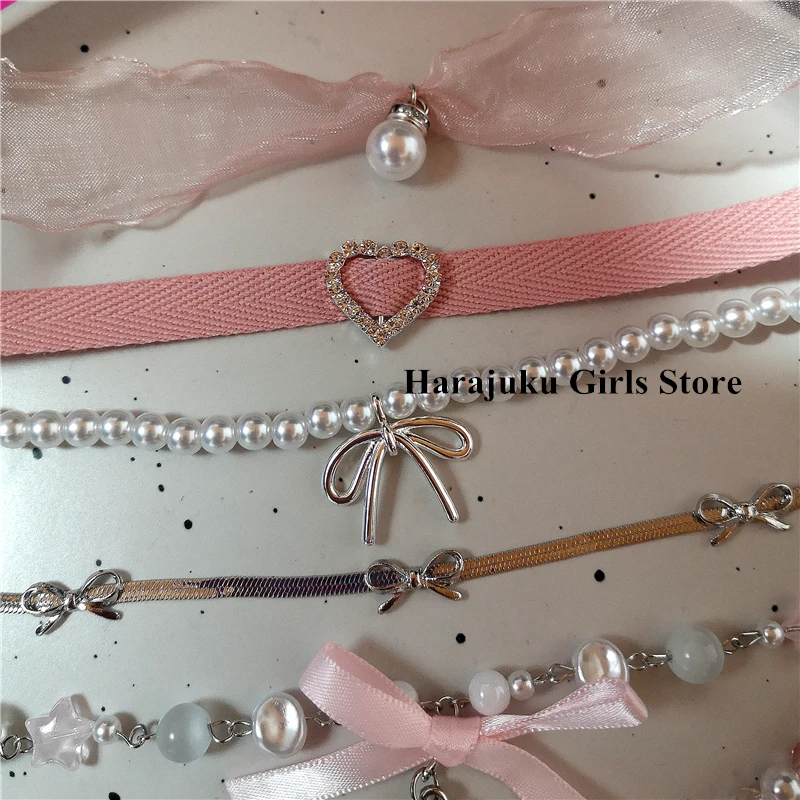 Rosary Heart Bow Fairycore Pearls Choker Pink Lace Necklace Y2K Pixie Fairycore Cottagecore Necklace Jewelry Accessories Gift