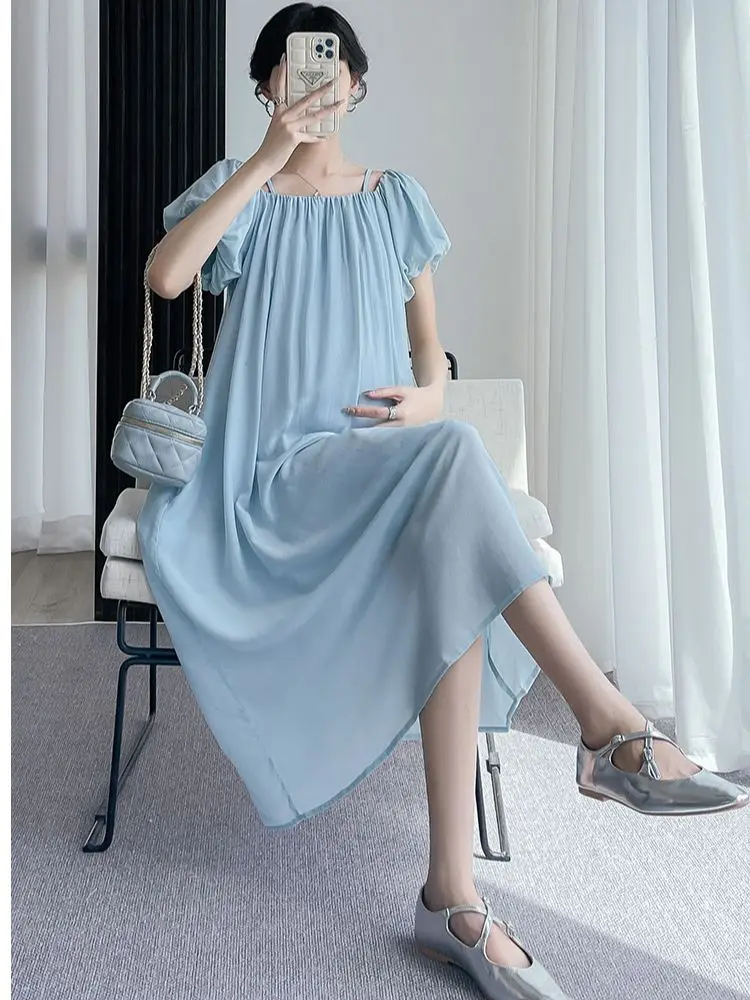 

Korean Style Fashion Loose Maternity Chiffon Dress Shoulderless Pregnant Woman Strap Dress Fashion Pregnancy Beach Clothes Loose