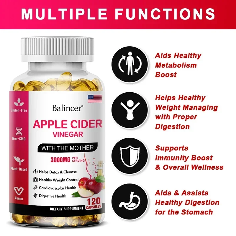 Balincer Natural Organic Apple Cider Vinegar Capsules for Healthy Gut Digestion Appetite & Weight Management Non-GMO Gluten Free