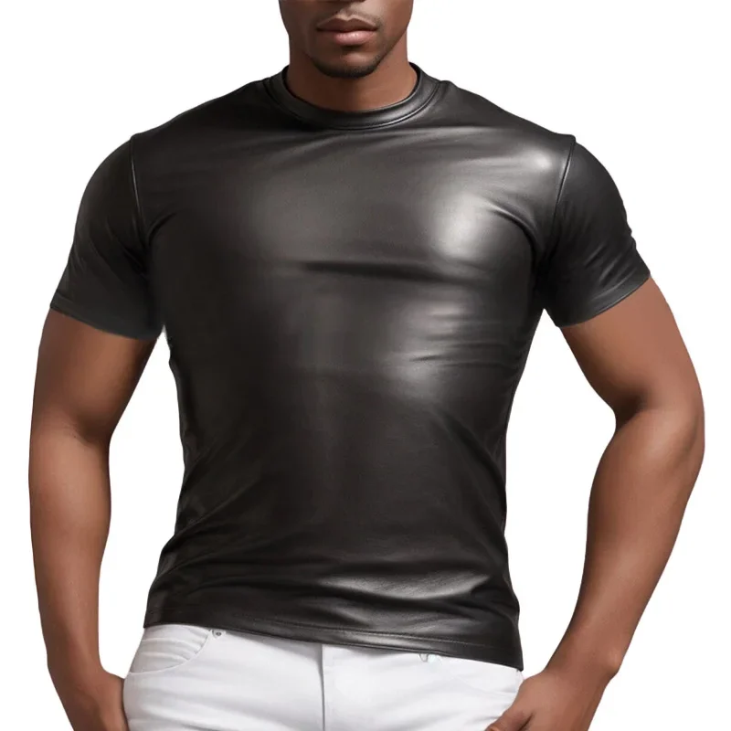 Sexy Men\'s PU Leather Matte T-shirt Vest Stretch Undershirt Latex Clubwear Stage Costume Muscle Tight T-Shirt Top 2023 New