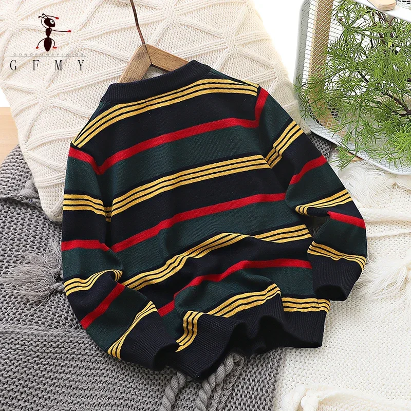 New Children's Knitwear Autumn Thin Pullover Round Neck Striped  Medium to Large Children's Wear Underlay Sweater