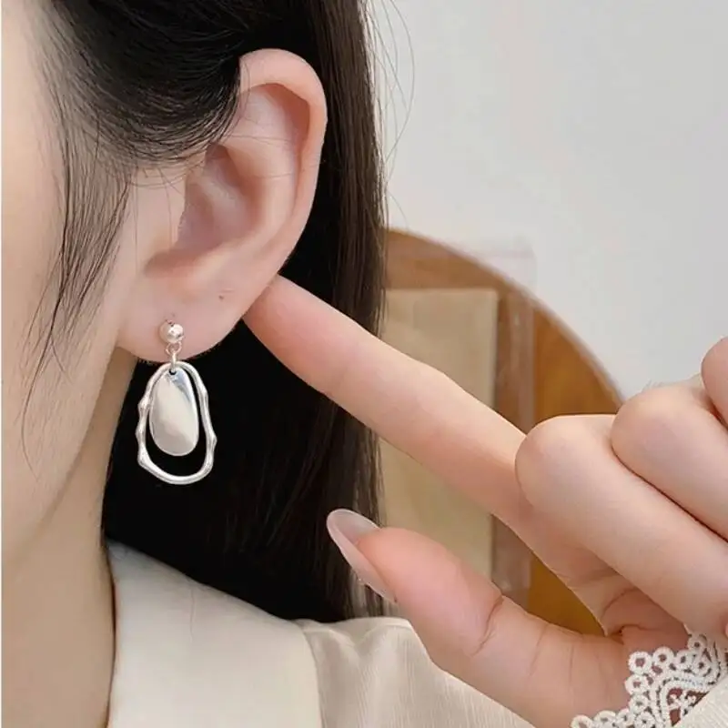 925 Sterling Silver Small Bead with Irregular Geometric Charm Dangle Drop Earrings Simple Trendy Personalized Statement Earring