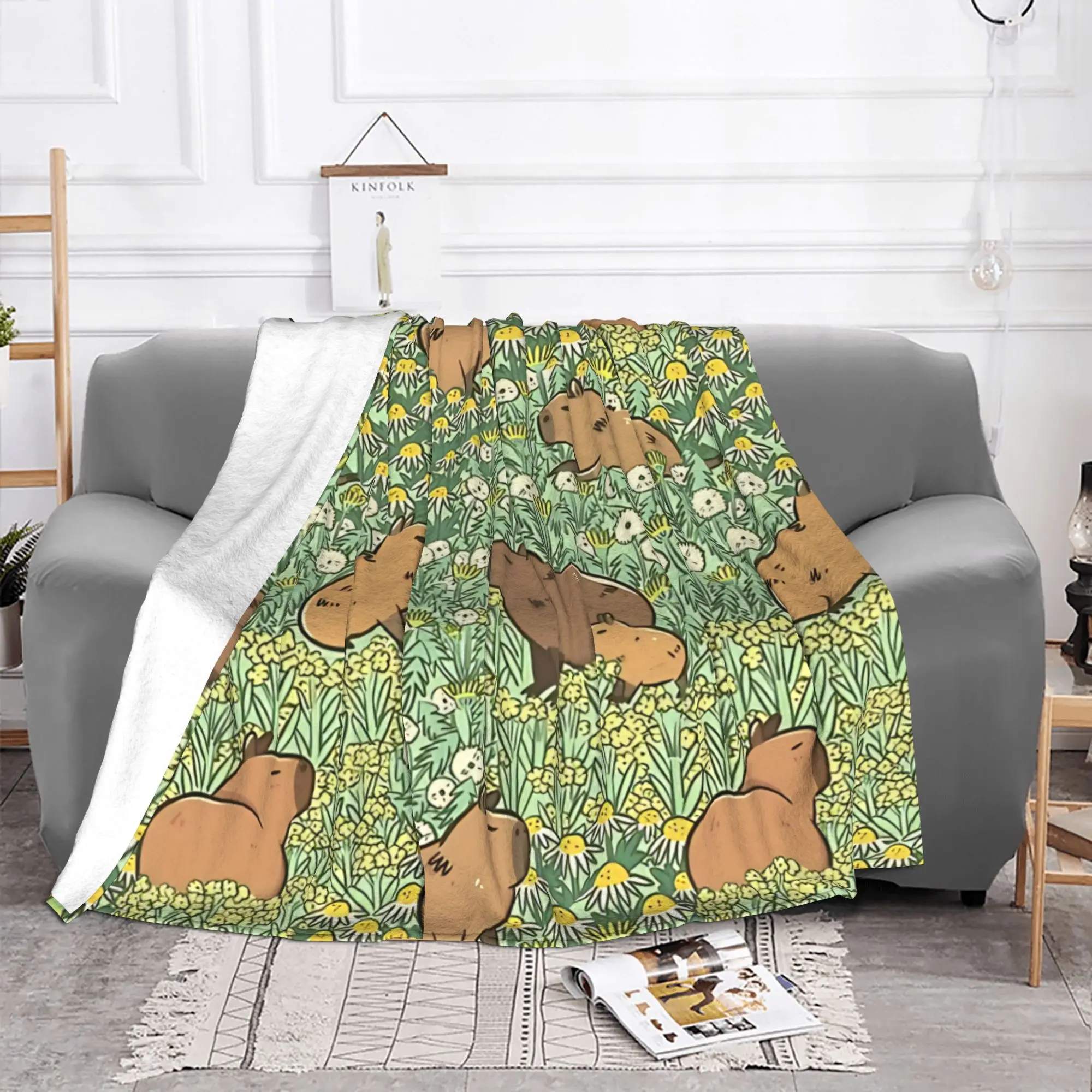 1PC Meadow in Green and Yellow Capybara Home Room Decorations Winter Blankets For Adults Bedding Home Interior Sofa Knee