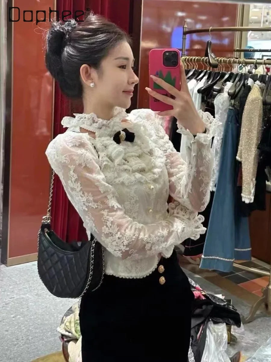 

Elegant Layered Ruffle Lace Short Shirt Slim Fit Sweet Bow Long Sleeve Stand Collar Pearl Button Blouse Lady Tops French Style