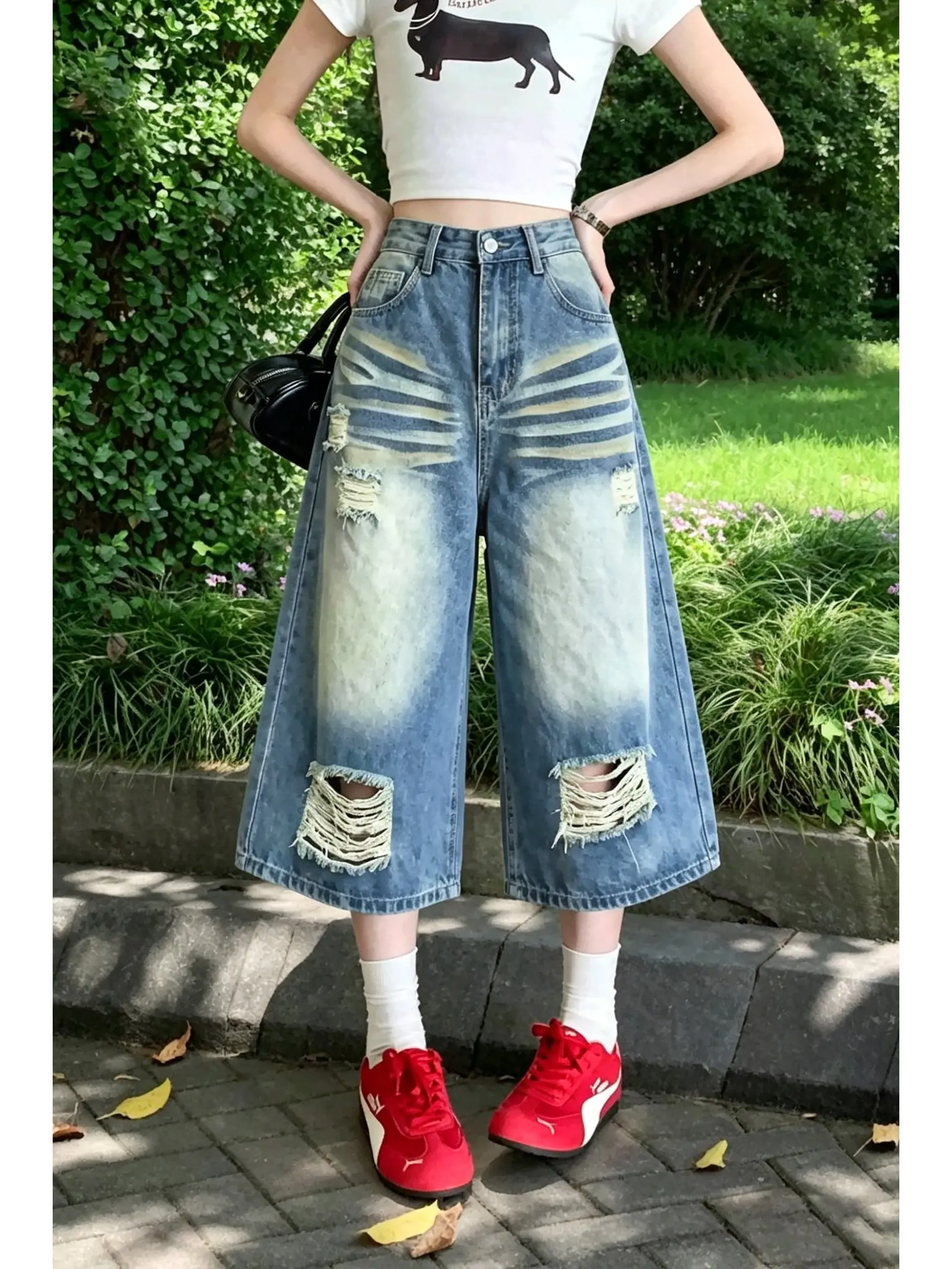 

Low Waist Slimming Wide Leg Pants Washed Vintage Blue Six-Part Pants Hole Design Straight Leg Pants Summer New Women's Fashion