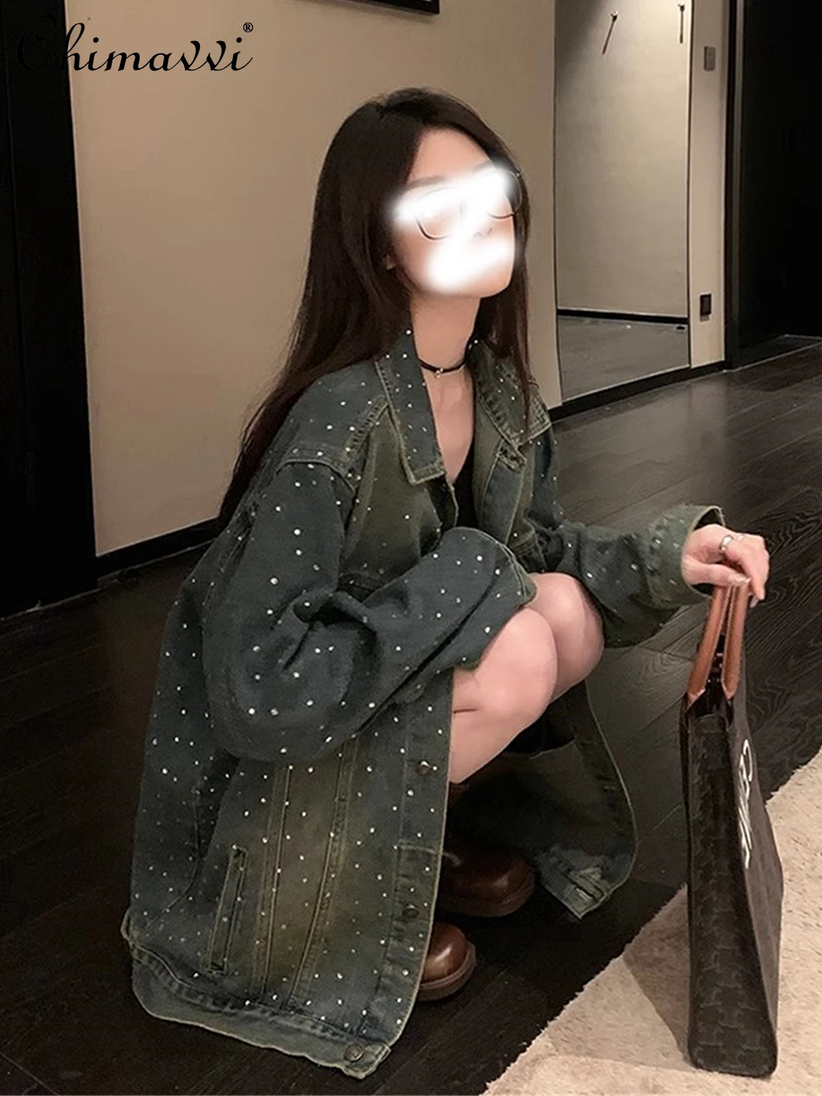 

Hot Drilling Denim Jacket Women's 2024 Spring Autumn New Fashion High-End Loose Beaded Streetwear Women's Mid-Length Coat Tops