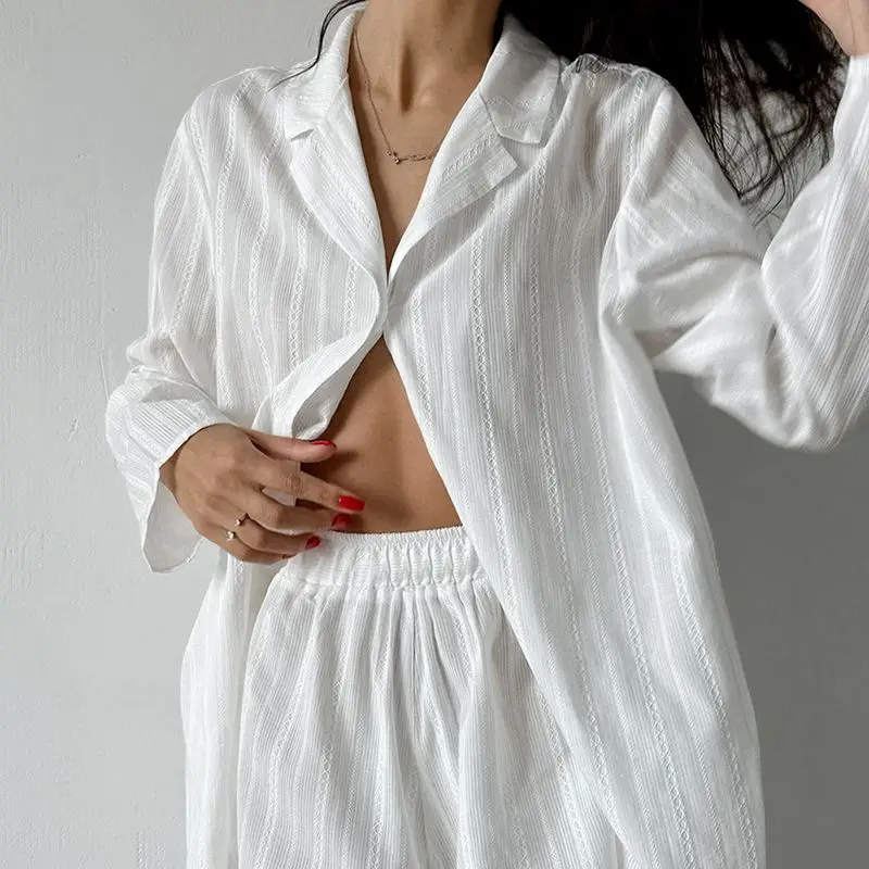 2024 Loose and Comfortable White Soft Long Sleeved Shorts Sets For Women 2 Pieces Summer Women\'s Casual Thin Home Suit