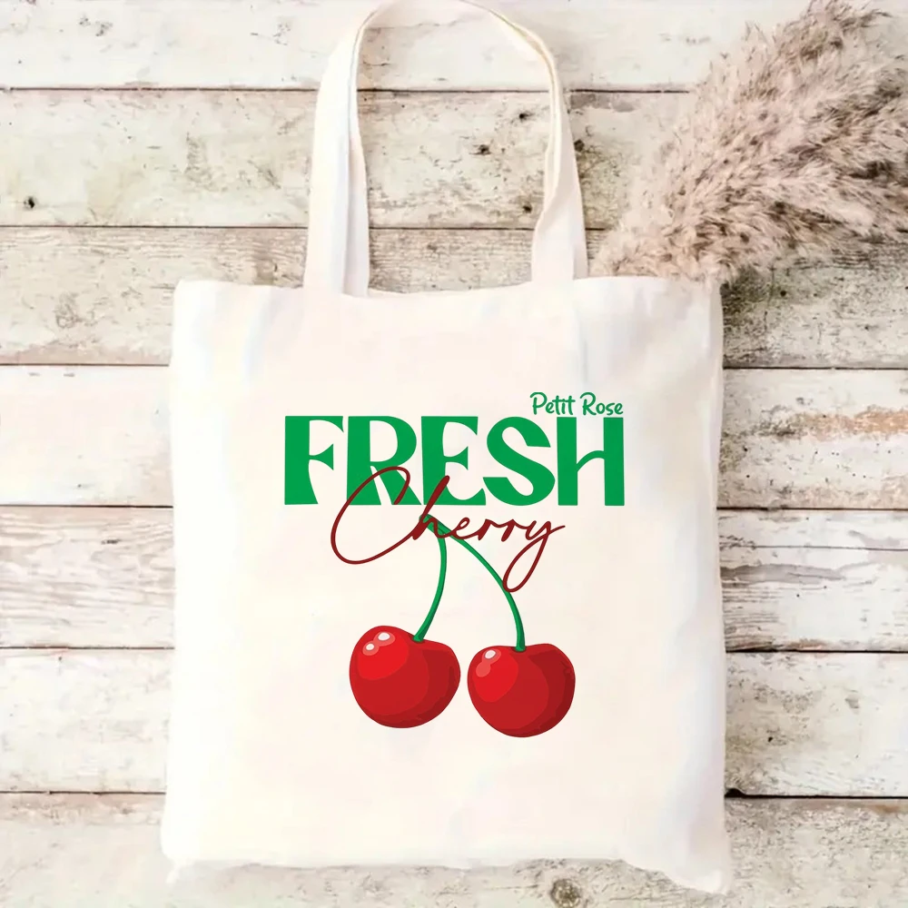 

Fresh Cherry Printed Canvas Tote Bag Cute Red Fruit Berry Large Casual Shoulder Shopping Bags Eco Friendly Grocery Shopper