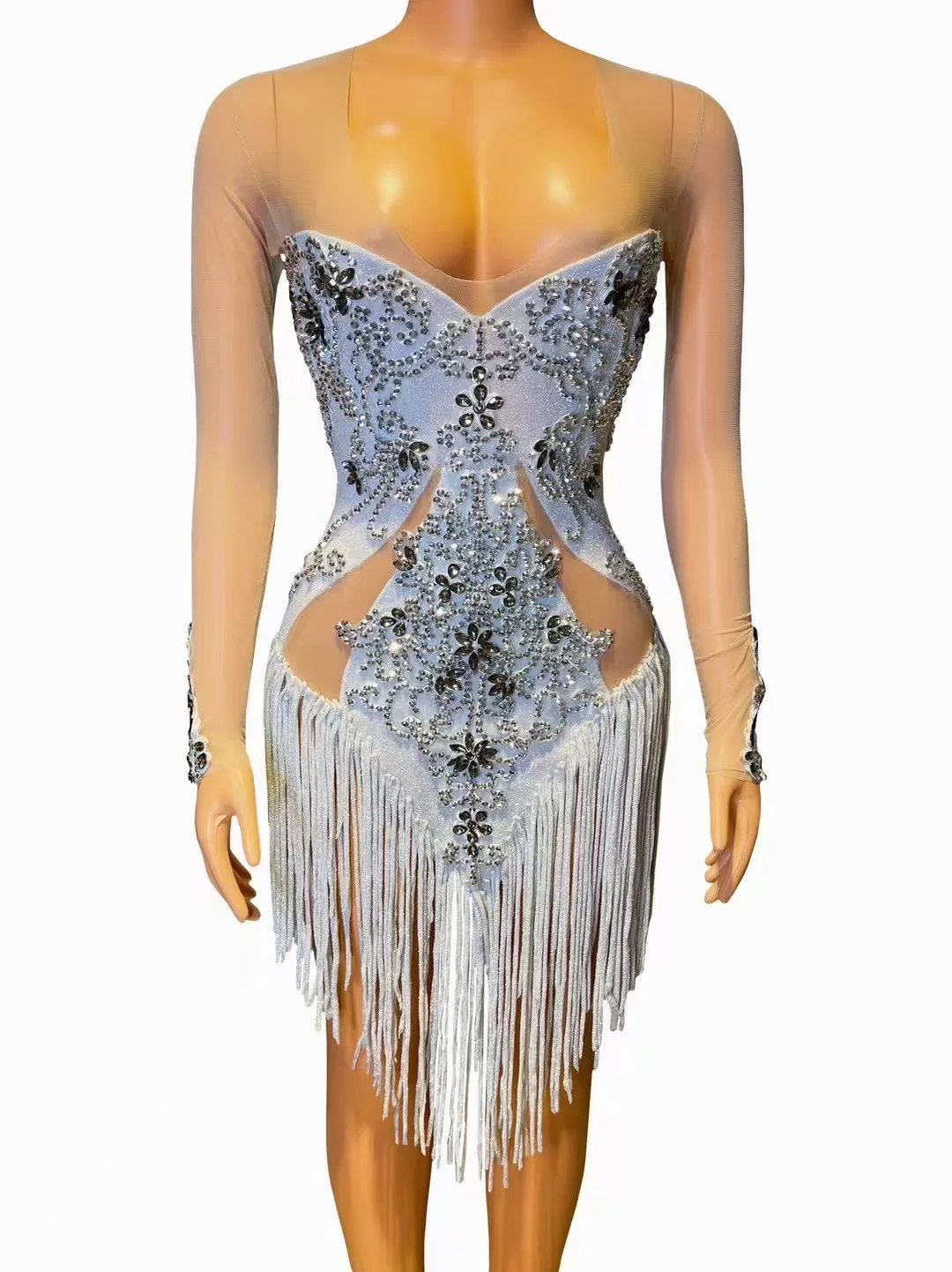 

Блестящий серебряный комбинезон с кисточками и длинными рукавами и высокой талией, костюм для латиноамериканского танца, костюм для шоу талантов, ночной клуб Gogo, наряд для выступлений A947