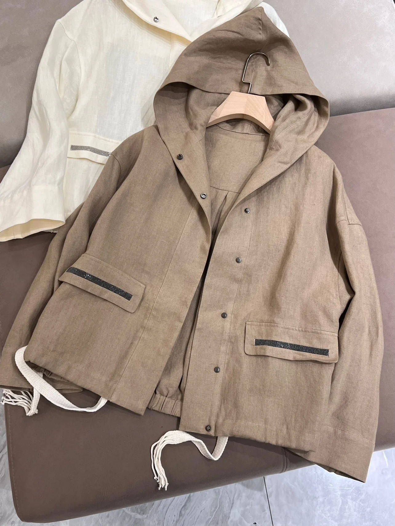 Imported french linen casual hooded loose short trench