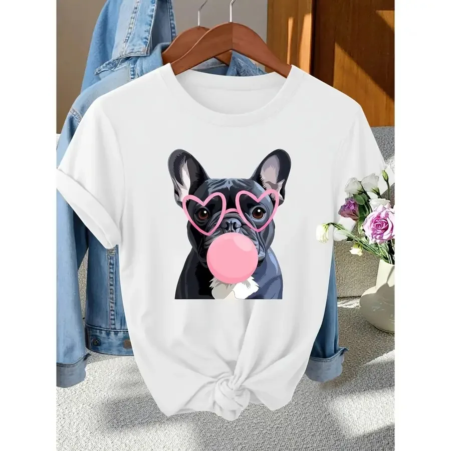 Camiseta Vintage de Manga Corta con Estampado de Perrito Rosa y Chicle - Blusa de Cuello Redondo, Lavable a Máquina, Estilo Casual