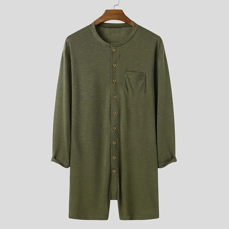 New Men Sexy Pajamas Jumpsuit Solid Color Tight O Neck Long Sleeve T Shirt and Shorts One-piece Button-down Breathable Home Wear