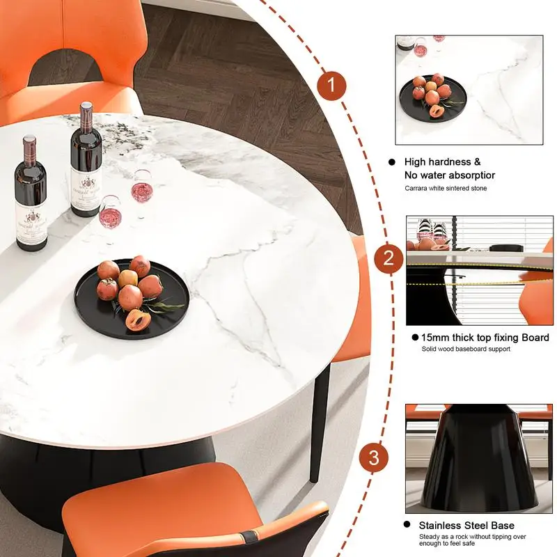 طاولة طعام مستديرة مقاس 53 بوصة، سطح حجري متكلس مع قاعدة مخروطية من الفولاذ المقاوم للصدأ، طاولة قوية للمطبخ أو غرفة الطعام، مقاعد 4-6، #4