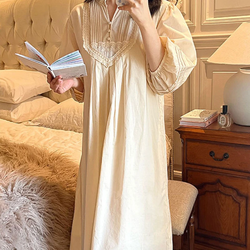 Loose Robe Victorian Nightgowns Vintage Pure Cotton Long Night Dress Princess Sleepwear Nightdress Women Spring Autumn Nightie