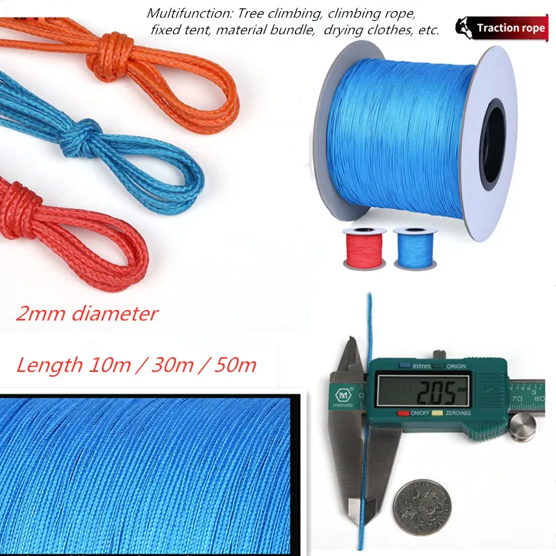 2mm Diamante High Strength Tree Climbing Arborist Throw Line Fishing Camping Braid Rope Paracord 10/30/50m Blue/Orange