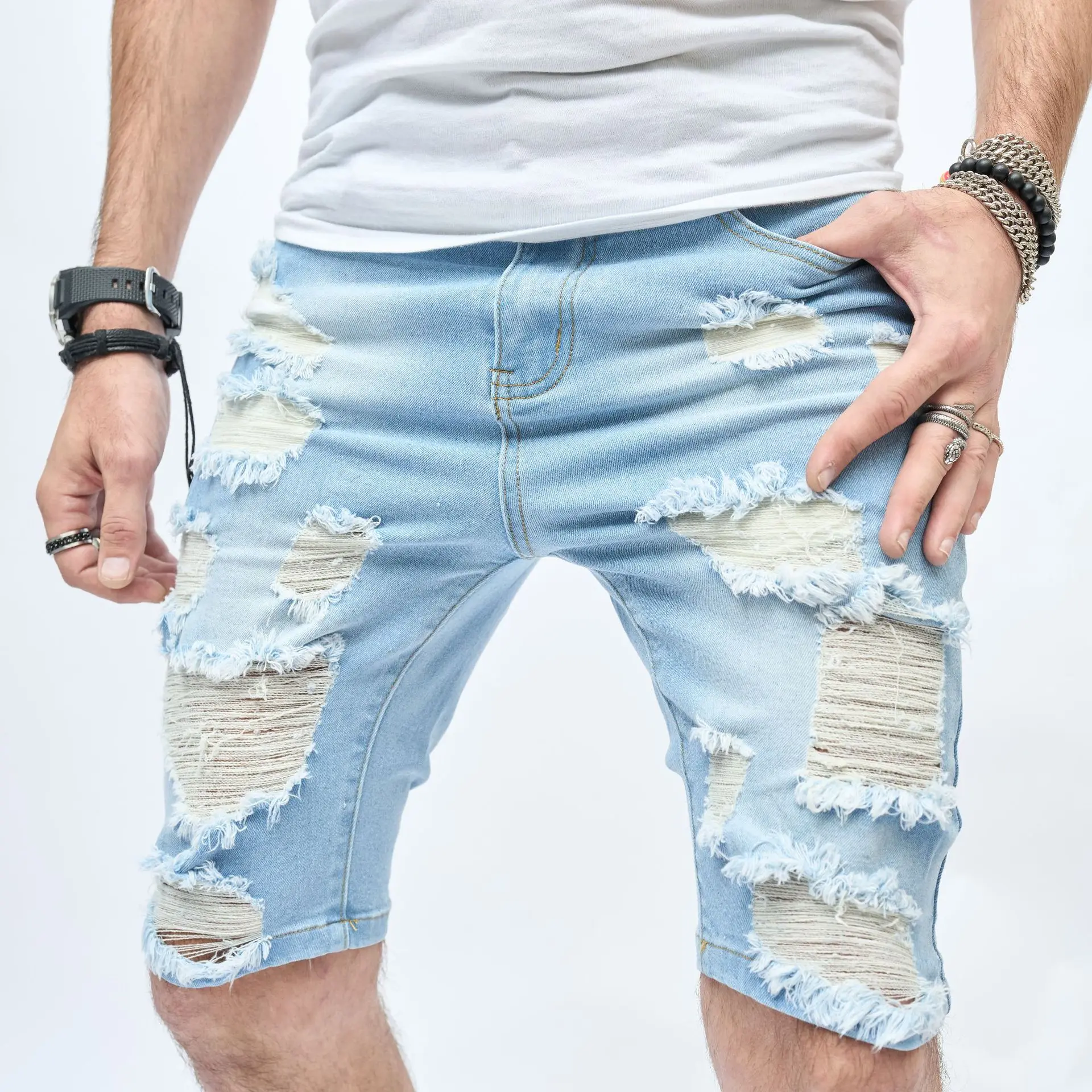 

Shorts Denim Straight Pants Jeans Men Knee Length Wash Loose Fit Holes Mid Waist Pockets Distressed Solid Streetwear 2024