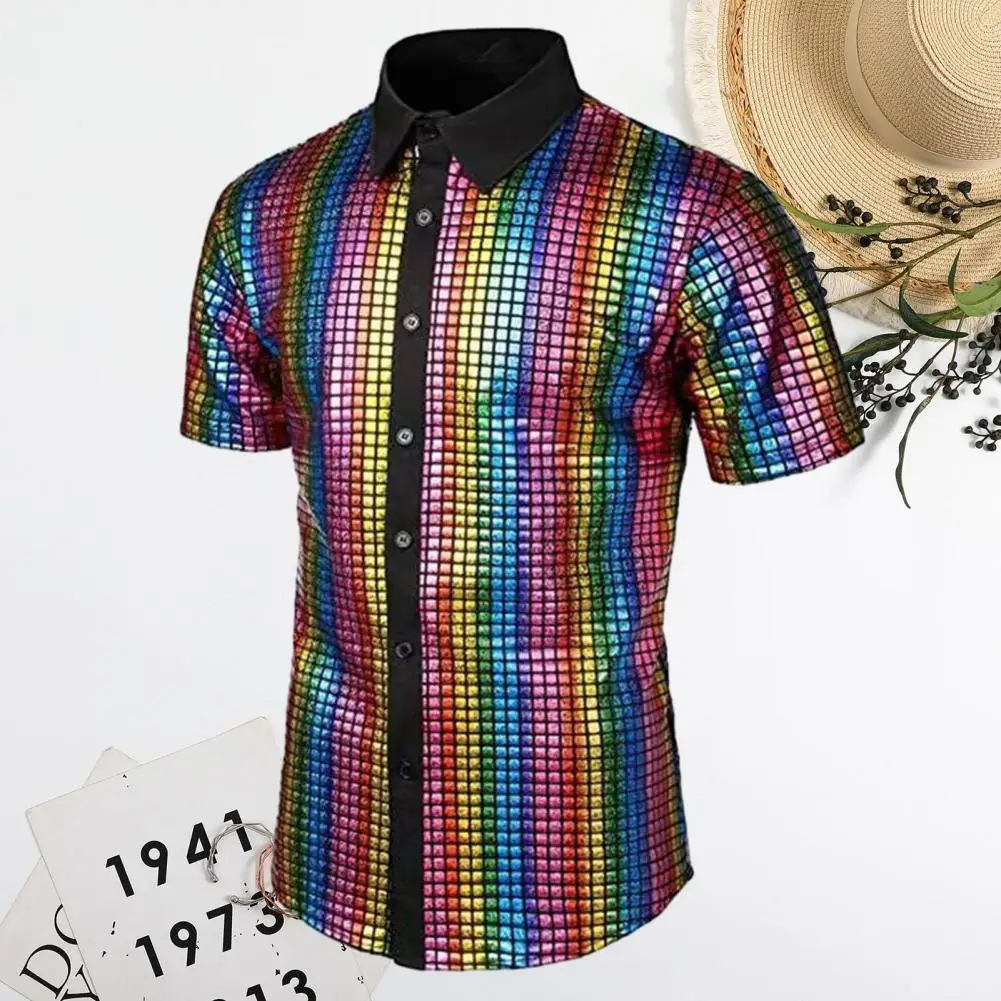 Men 70s Shirt Reflective Sequin Disco Shirts for Men Vintage 70s Style with Turn-down Collar Short Sleeves for Clubbing Costumes