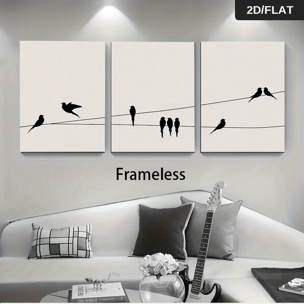 Multiple sizes 3pc frameless Canvas Painting modern three-panel frameless decorative paintings, black and white bird and wire pa