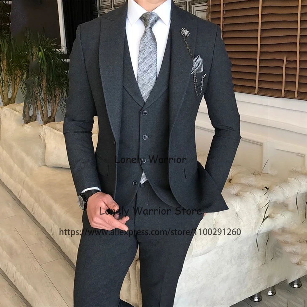 

Dark Grey Mens Suits 3 Piece Slim Fit Formal Business Blazer Wedding Groom Tuxedos Banquet Jacket Vest Pants Set Terno Masculino