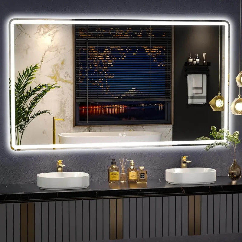 

LED Bathroom Mirror Rounded Corner Rectangle Frameless,Lighted & Stepless Dimmable Vanity-Mirror-with-Lights