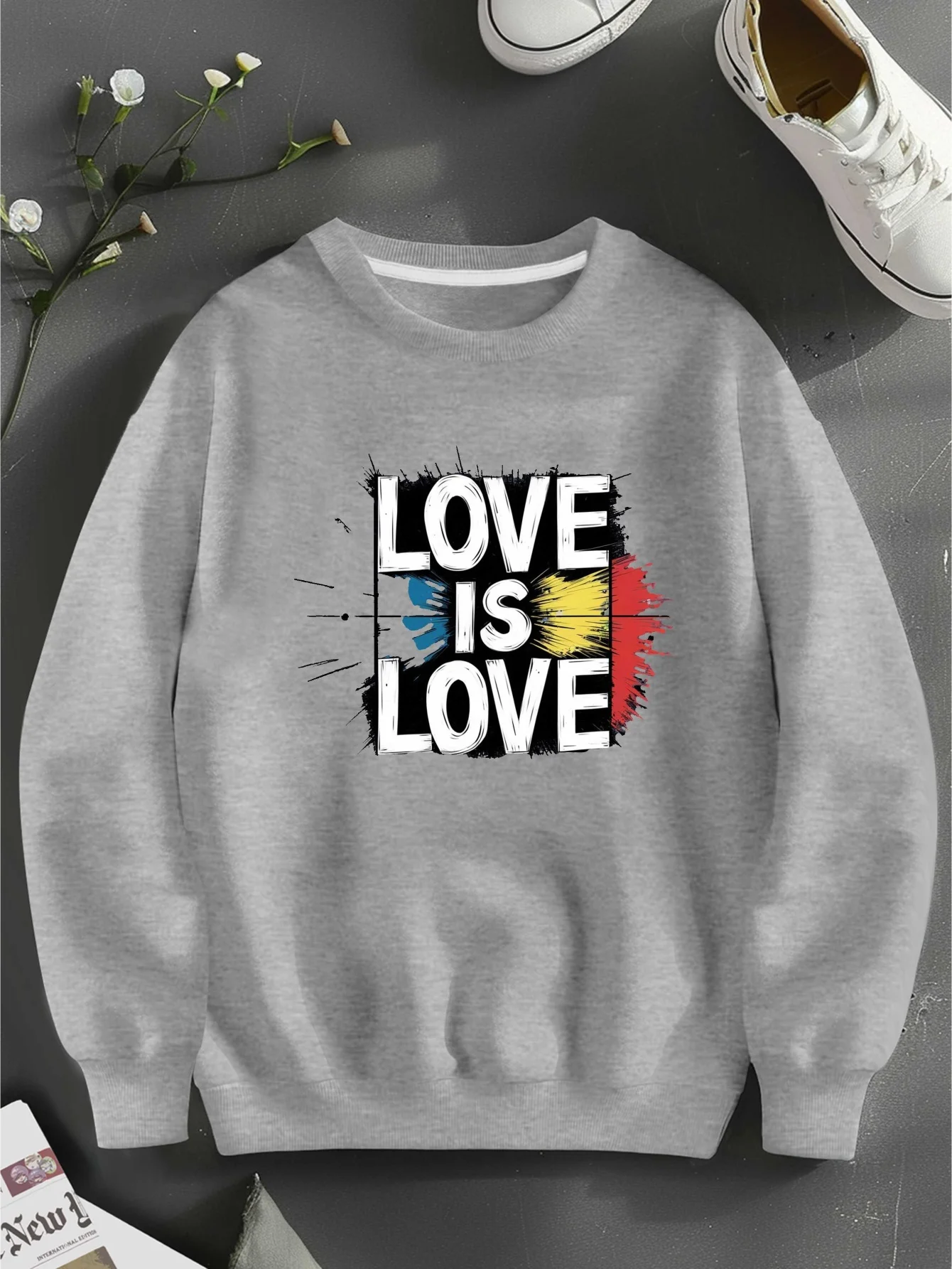 Love Is Love Rainbow Power Graphic Print Sweatshirt, Crew Neck Casual Sweatshirt for Fall & Spring, Women's Clothing