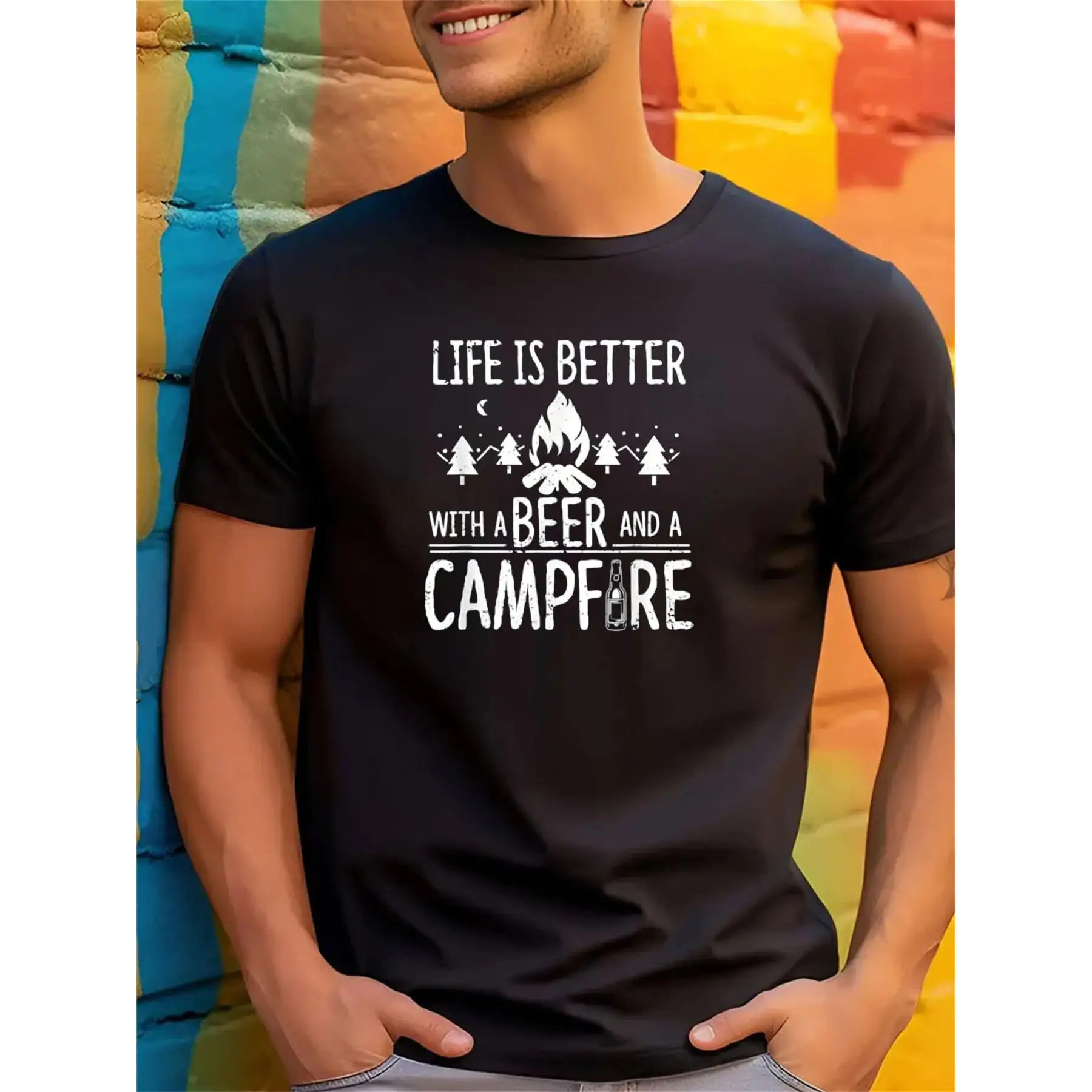 

Life is Better with Beer & Campfire T-shirt, Men's Outdoor Camping Graphic Tee, Funny Campfire Party Short Sleeve, Cool Summer