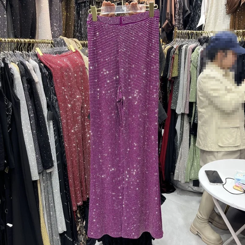 Stage Performance Costumes Heavy Industry Full Diamond Design Casual Pants 2026 Spring New Cool Fashion Long Trousers For Ladies