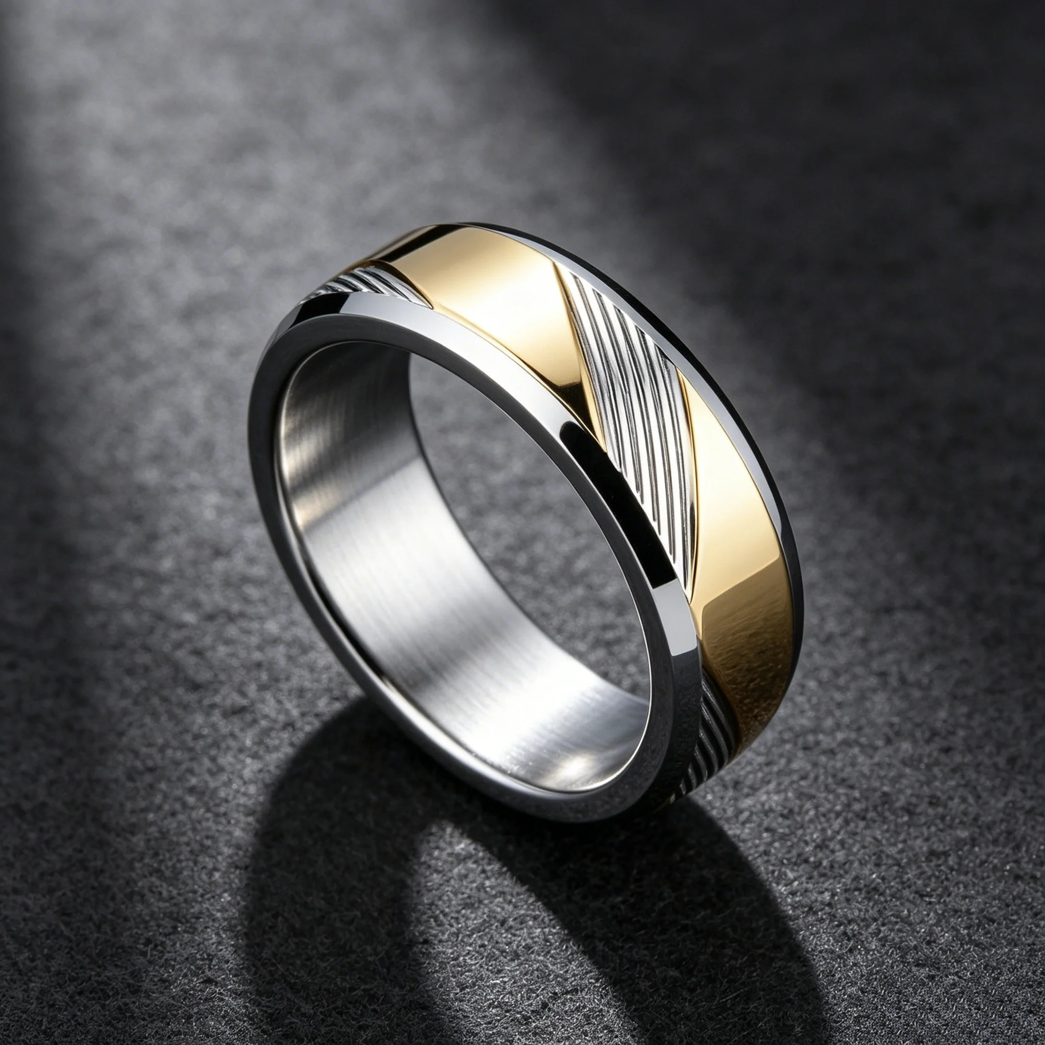 Two Tone Silver Gold Band Ring, Diagonal Grooved Line Inlay Polished Stainless Steel Unisex Wedding Band for Men Women