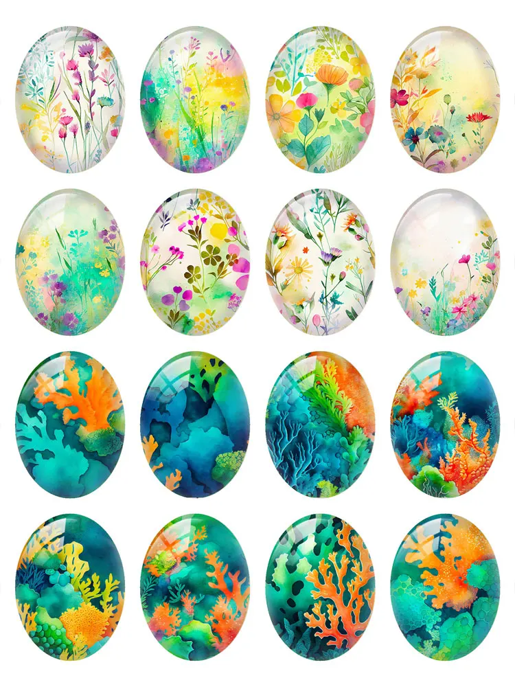 10pcs/lots Spring FLower Submarine Coral Oval Photo Glass Cabochon Charm Demo Flat Back Cameo For Diy Jewelry Making Accessories