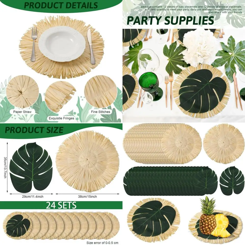 

Tropical Luau Round Fringe Placemats, 48 Pack Palm Leaf Table Mats for Summer Hawaiian Parties