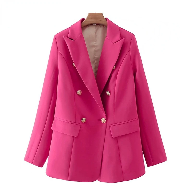 TRAF Women Fashion Double Breasted Candy Color Blazer Coat Vintage Long Sleeve Flap Pockets Female Outerwear Chic Veste