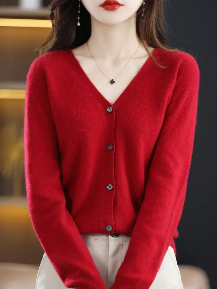 

Women Cardigans V-neck Long Sleeve Knitted Outerwear Solid Thin Spring Autumn Sweaters Knitwears Korean Fashion Red Cardigans