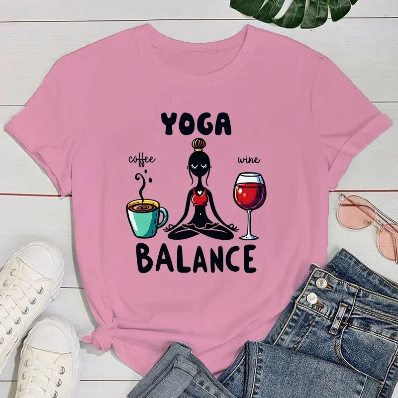 تي شيرت بأكمام قصيرة ورقبة مستديرة مطبوع على توازن اليوغا للنساء ، تي شيرتات كاجوال صيفية ، جديد