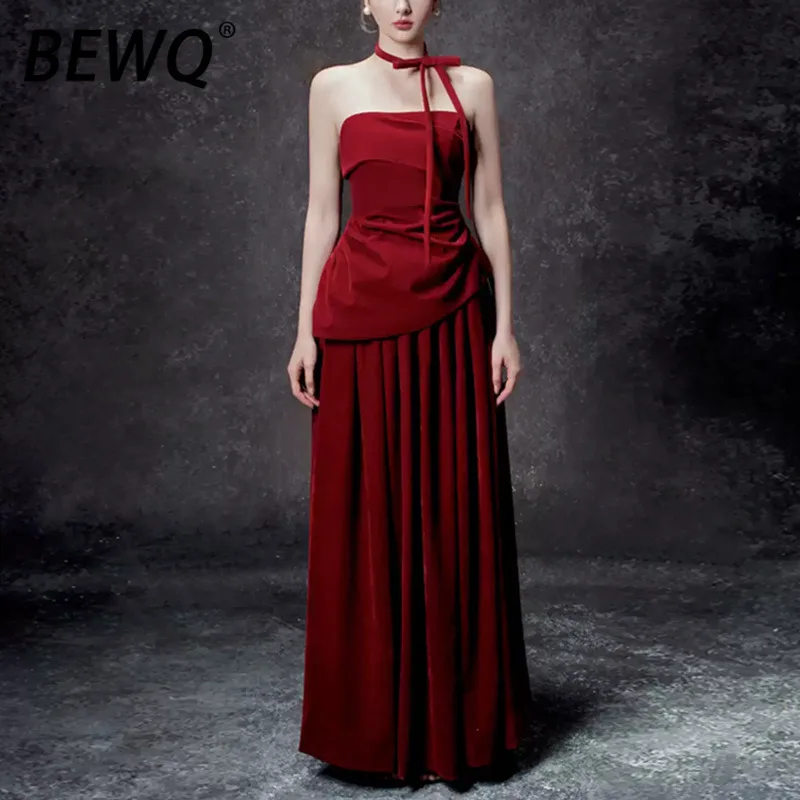 

BEWQ Fashion Women's 2 Pcs Set Strapless Backless Waist Tops Pleated Loose Elegant Skirt Suit Evening Party 2025 Autumn New