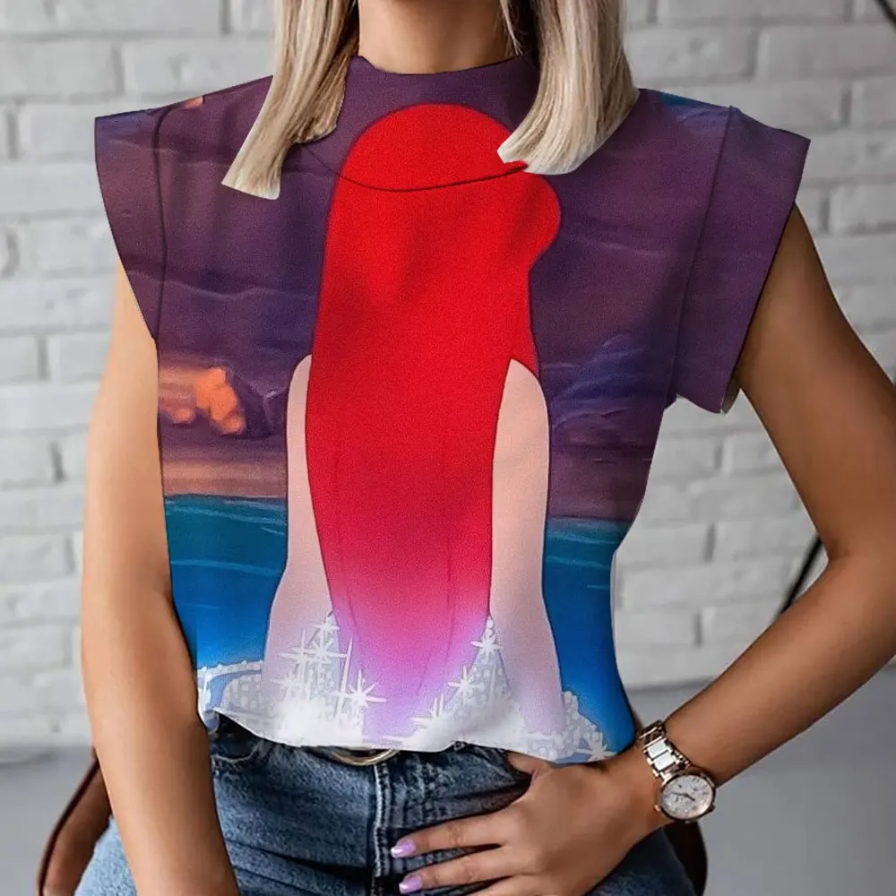 New summer fashion all-match Ariel Mermaid anime Harajuku street print women's high collar T-shirt fashion vest 2024