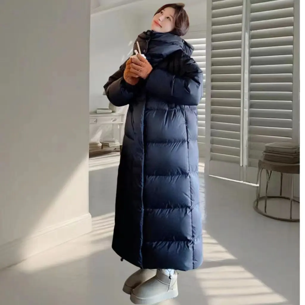 Down Jacket  Winter, Mid Length Knee Length Hooded Thick White Duck Down Bread Jacket, Women\'s Korean Version New 2024