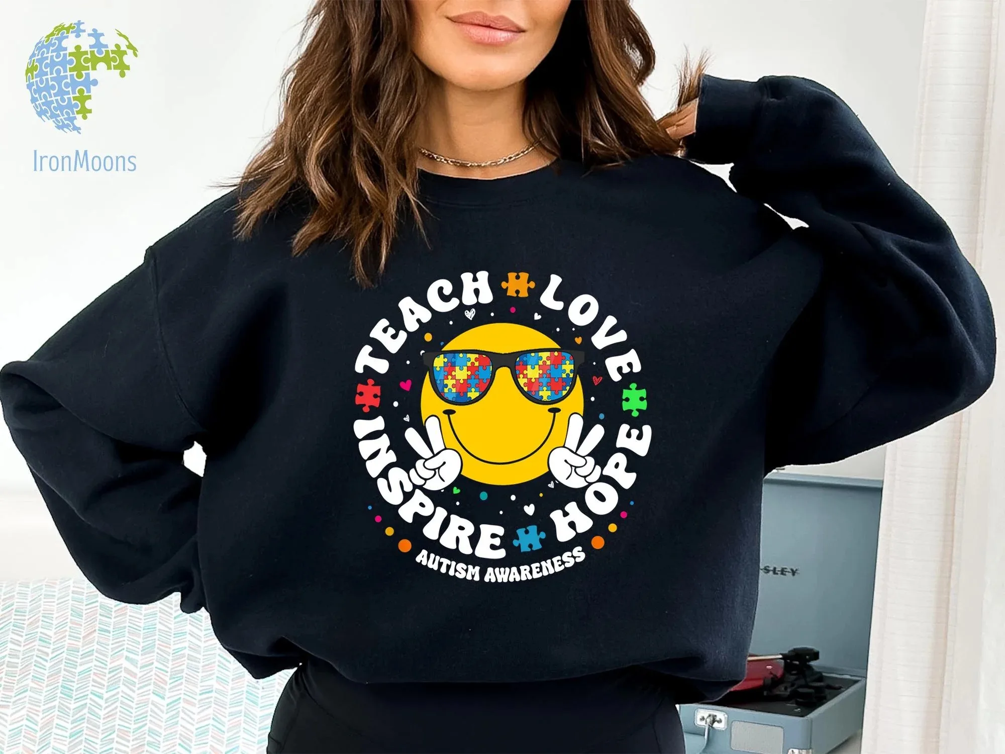 

Autumn and Winter Autism Awareness Teach Love Inspire Hope Print Crew Neck Sweatshirt 100% Cotton Spread Positive Messages