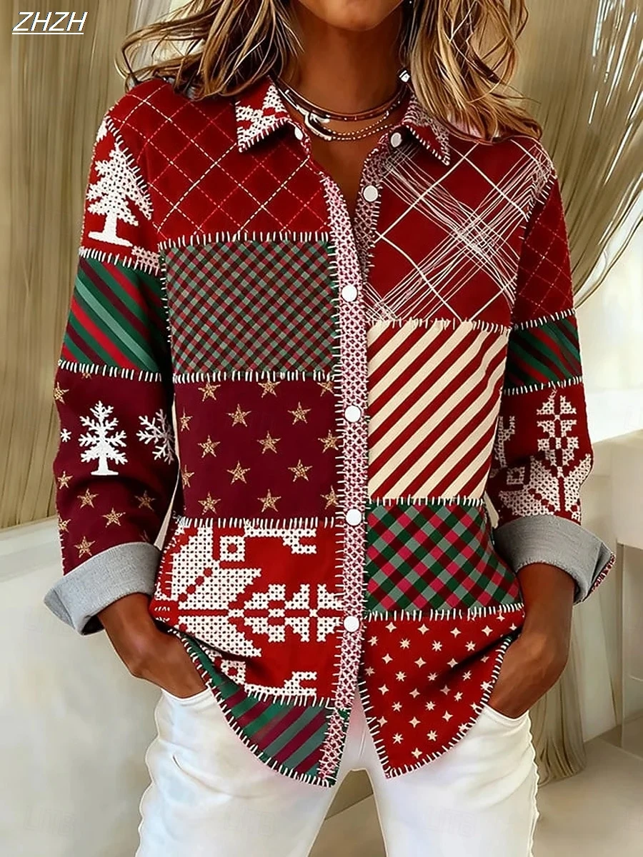 بلوزة قميص نسائية لعيد الميلاد برسومات هندسية على شكل شجرة عيد الميلاد عتيقة أنيقة بأكمام طويلة وياقة قميص عادية للشتاء