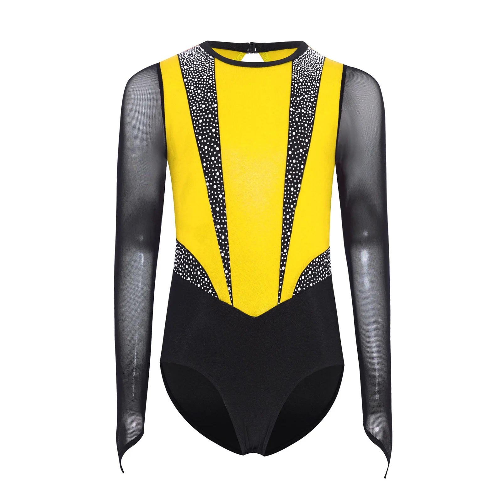 

Kids Girls Gymnastics Ballet Leotard Dancewear Sheer Mesh Long Sleeves Keyhole Back Gym Dance Bodysuit for Figure Skating Show