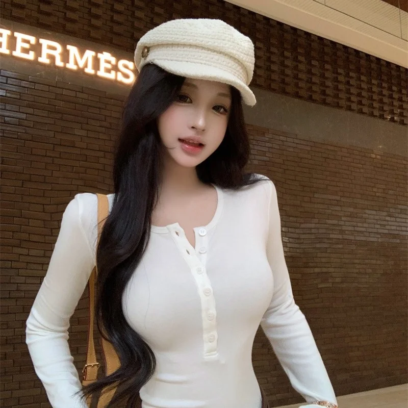 Koreańska koszulka damska na jesień i zimę, przyjazna dla skóry, elastyczna, dopasowana, wkładana przez głowę, bazowa, codzienna, bawełniana...